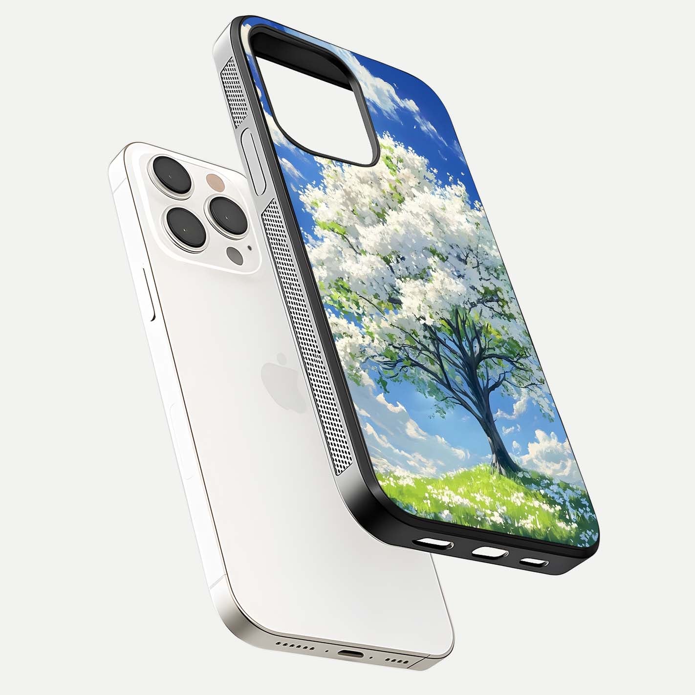 Blossom Sky Serenity Glass Case for iPhone 15 Pro Max floating mockup capturing gloss surface and tranquil design