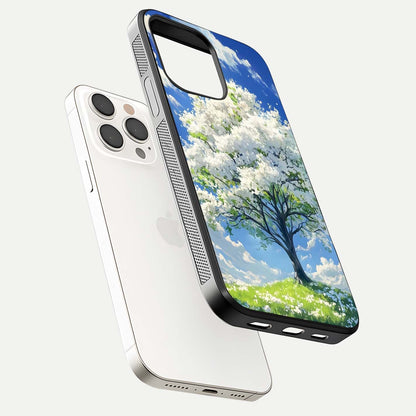 Blossom Sky Serenity Glass Case for iPhone 15 Pro Max floating mockup capturing gloss surface and tranquil design