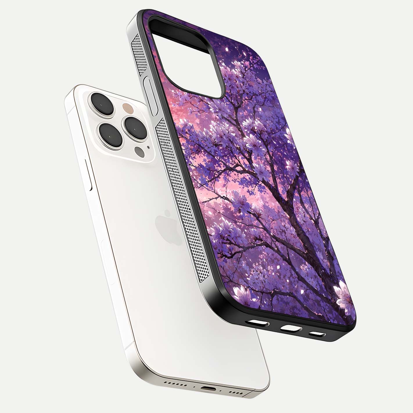 Blossom Tree Glass Case for iPhone 15 Pro Max floating dual-mockup displaying texture detail and curved edges