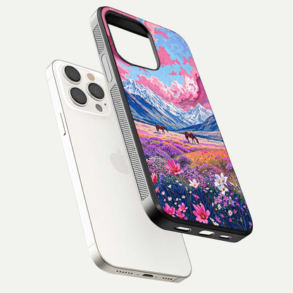 Blossom Valley Dream Glass Case for iPhone 15 Pro Max floating mockup showing floral valley blend and reflective surface
