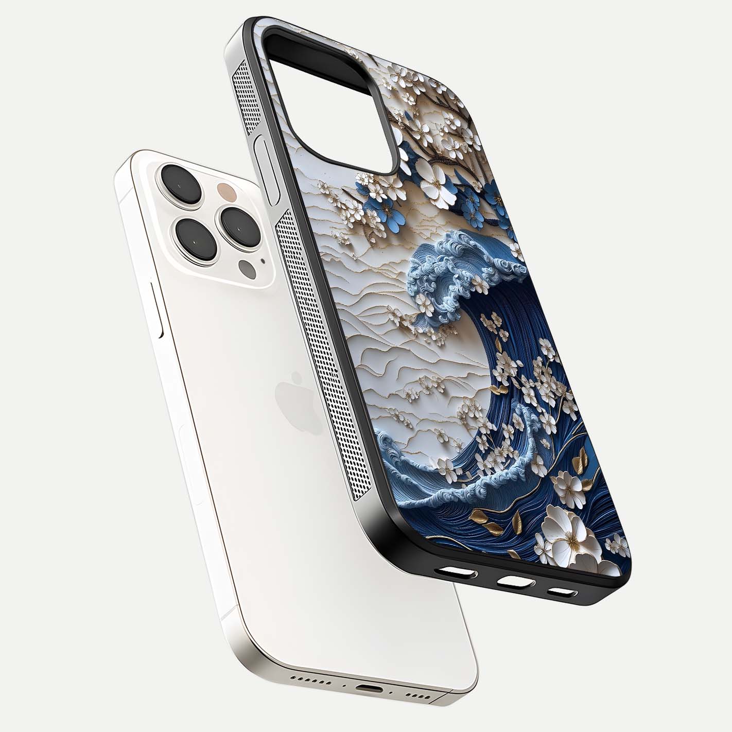 Blossom Wave Art Glass Case for iPhone 15 Pro Max floating mockup displaying pattern details and reflective shine