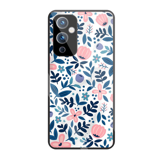 Blue-Pink Flower Pattern Glass Case For OnePlus 9