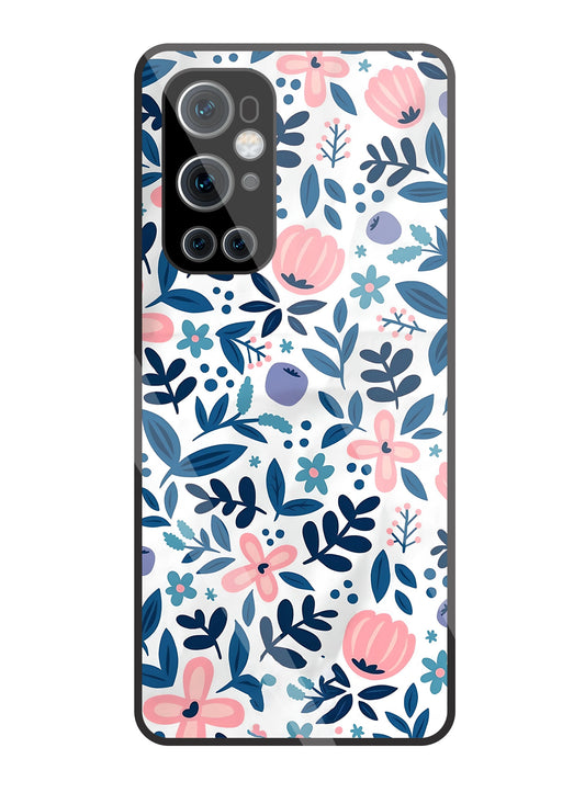 Blue-Pink Flower Pattern Glass Case For OnePlus 9Pro