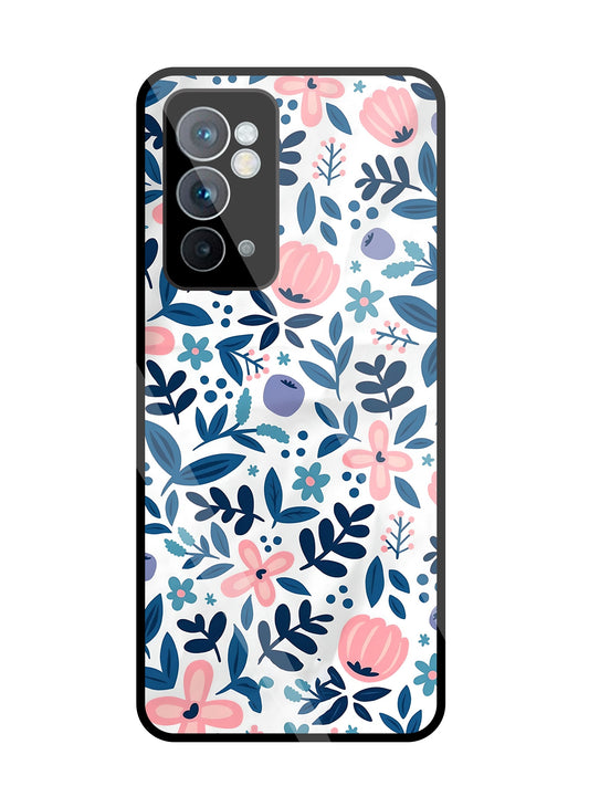 Blue-Pink Flower Pattern Glass Case For OnePlus 9RT
