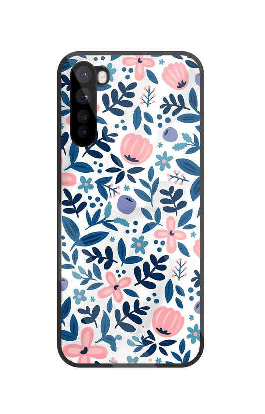 Blue-Pink Flower Pattern Glass Case For OnePlus Nord