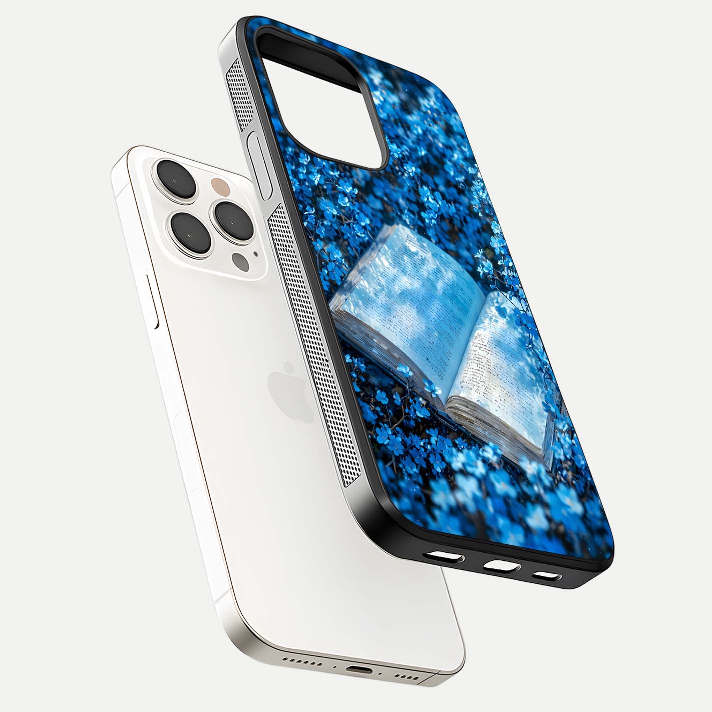 Blue Bloom Tales Glass Case for iPhone 15 Pro Max floating mockup showing detailed bloom and reflective surface