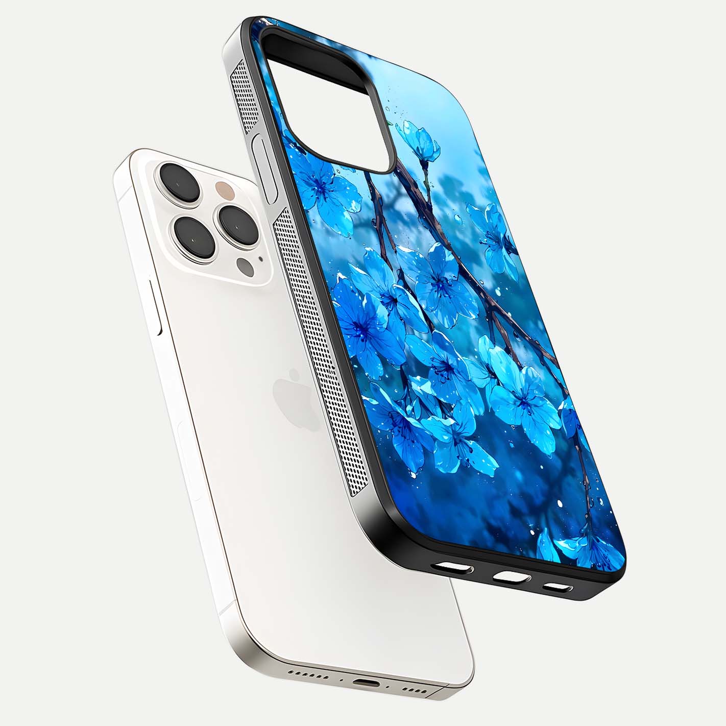 Blue Blossoms Branch Glass Case for iPhone 15 Pro Max floating mockup showing shine, curved edges, and branch detailing