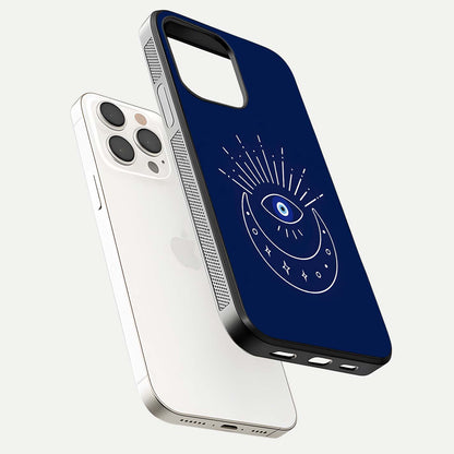 Blue Evil Eye Glass Case for iPhone 15 Pro Max floating mockup displaying glossy protection and spiritual artwork