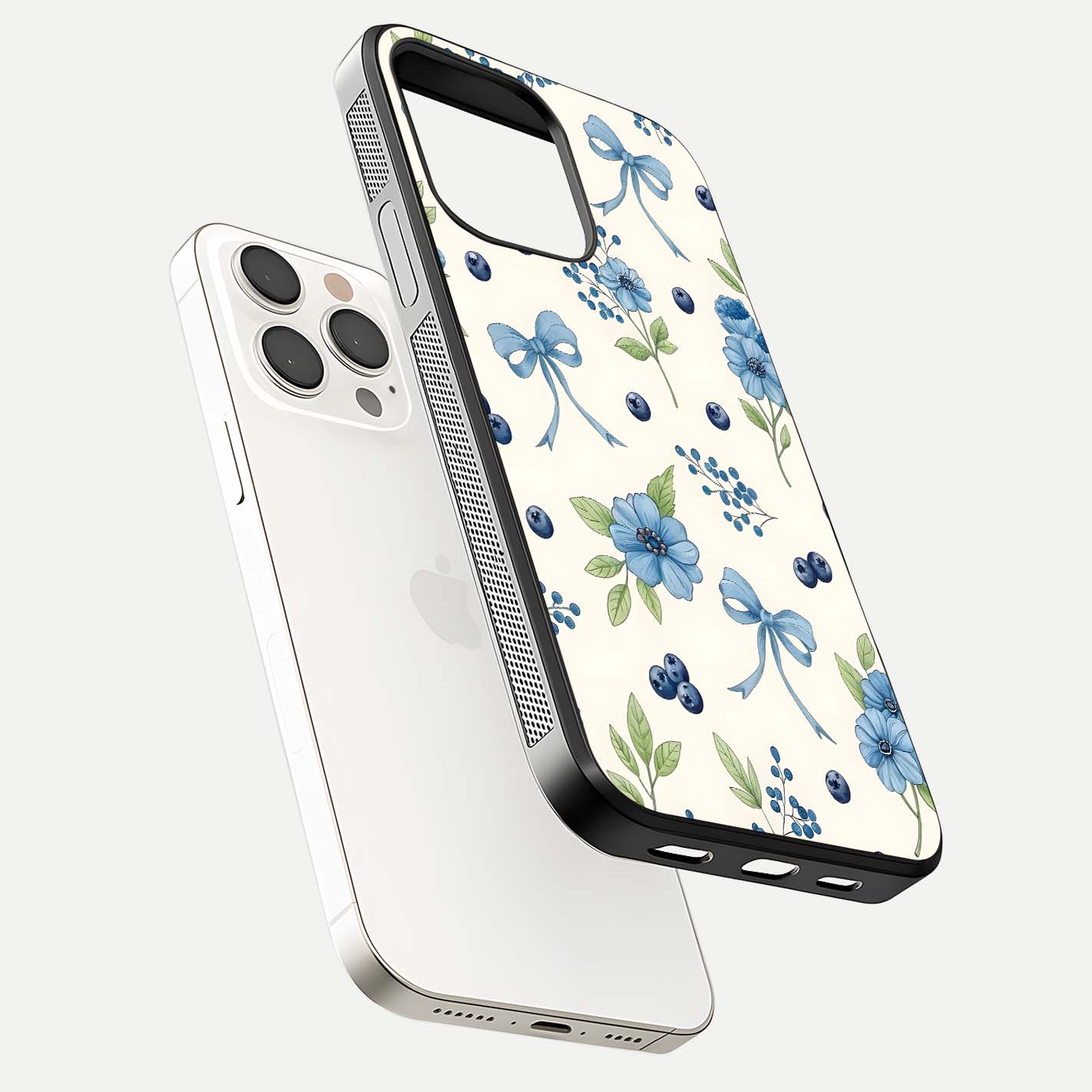 Blue Flower & Bow Glass Case for iPhone 15 Pro Max floating mockup capturing gloss reflection and girly aesthetic
