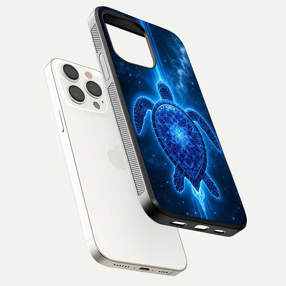 Blue Galaxy Turtle Glass Case for iPhone 15 Pro Max floating dual-mockup showing gloss depth and color transitions