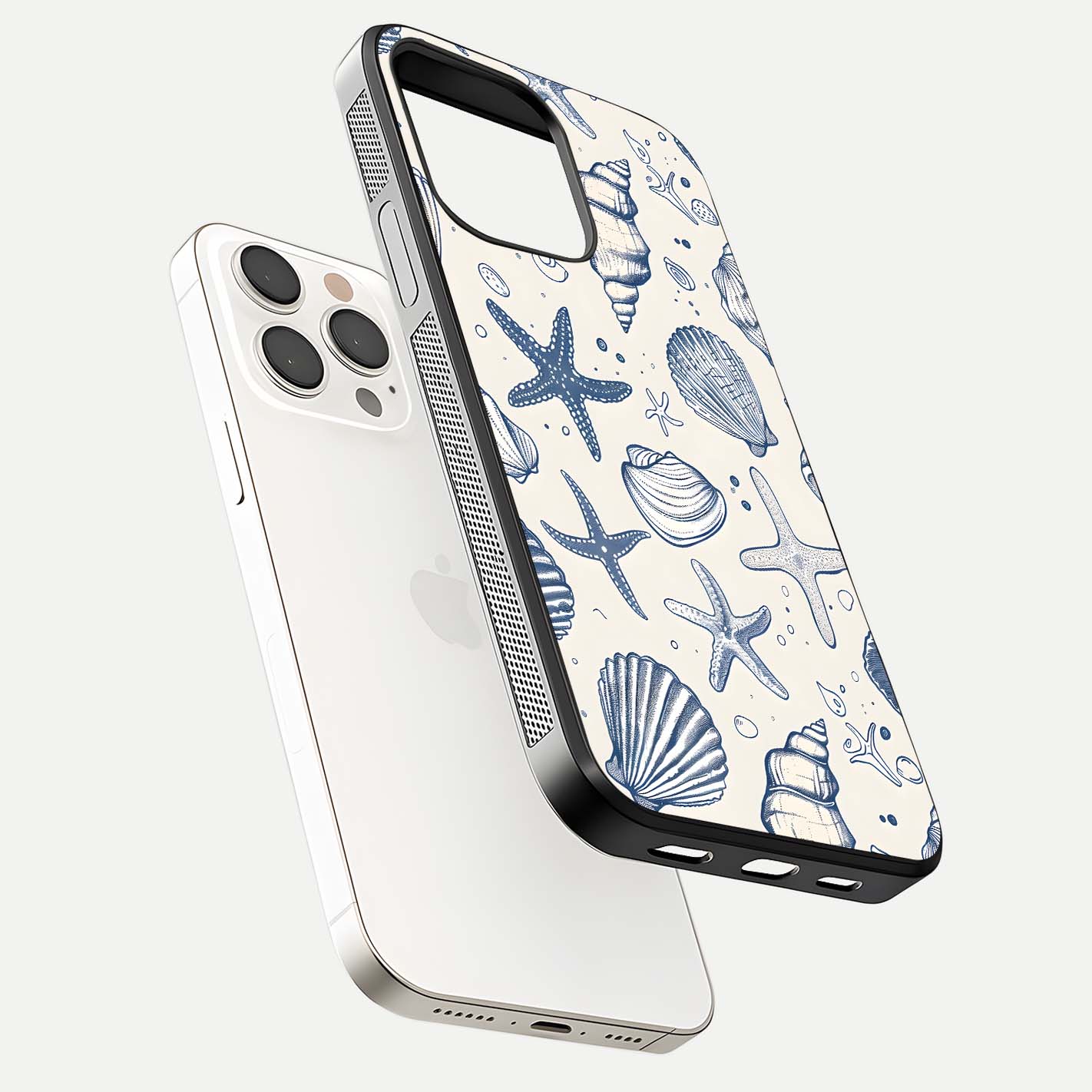 Blue Ocean Outline Glass Case for iPhone 15 Pro Max floating mockup displaying marine-inspired aesthetic and smooth surface