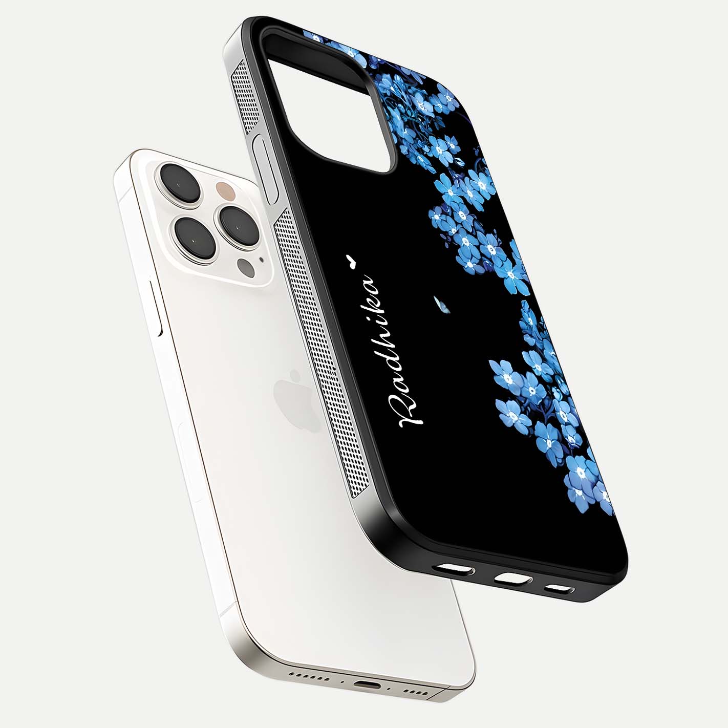 Blue Petal Dream Custom Name Glass Case for iPhone 15 Pro Max floating mockup capturing floral tones and glass shine