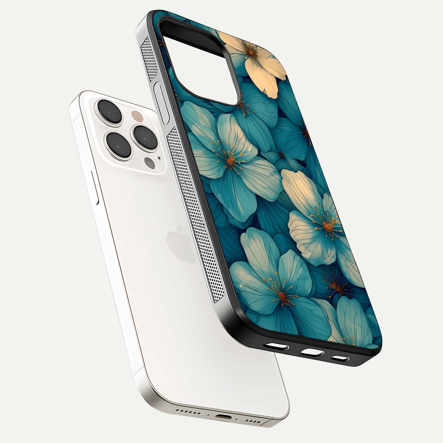 Blue Shade Floral Glass Case for iPhone 15 Pro Max floating mockup revealing gloss highlight and floral depth