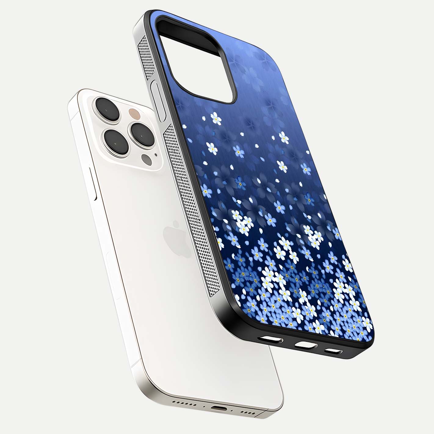 Blue Starry Glass Case for iPhone 15 Pro Max floating mockup capturing cosmic tone and HD gloss texture
