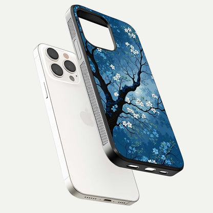 Blue Tree Serenity Glass Case for iPhone 15 Pro Max floating mockup displaying serene tones and HD glass polish