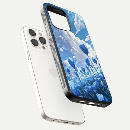 Blue Tulip Clouds Glass Case for iPhone 15 Pro Max floating mockup displaying tulip-cloud fusion art and smooth glass gloss