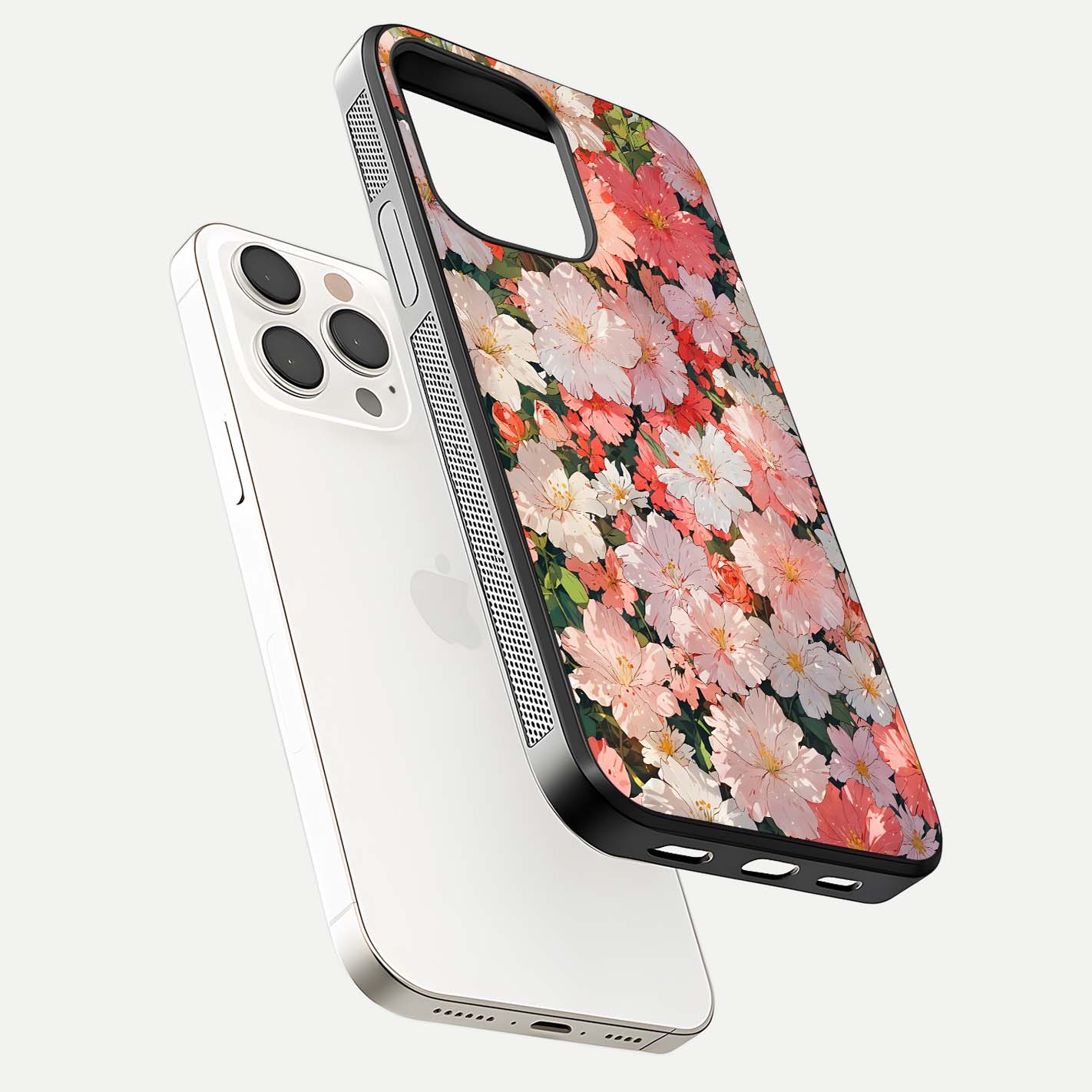 Blush Bloom Field Glass Case for iPhone 15 Pro Max floating mockup highlighting floral spread and edge reflection