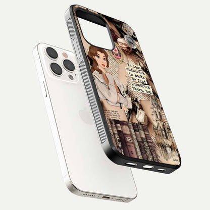 Bookish Dream World Glass Case for iPhone 15 Pro Max floating mockup capturing gloss shine and artistic balance