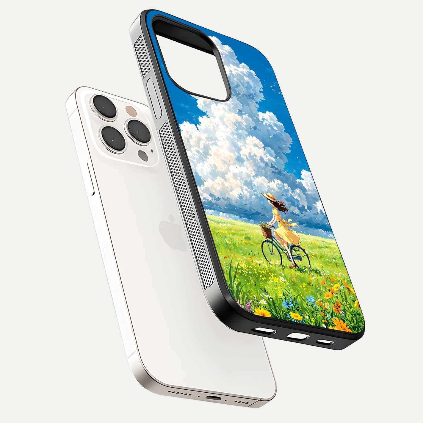 Breezy Meadow Ride Glass Case for iPhone 15 Pro Max floating mockup capturing serene tones and smooth finish