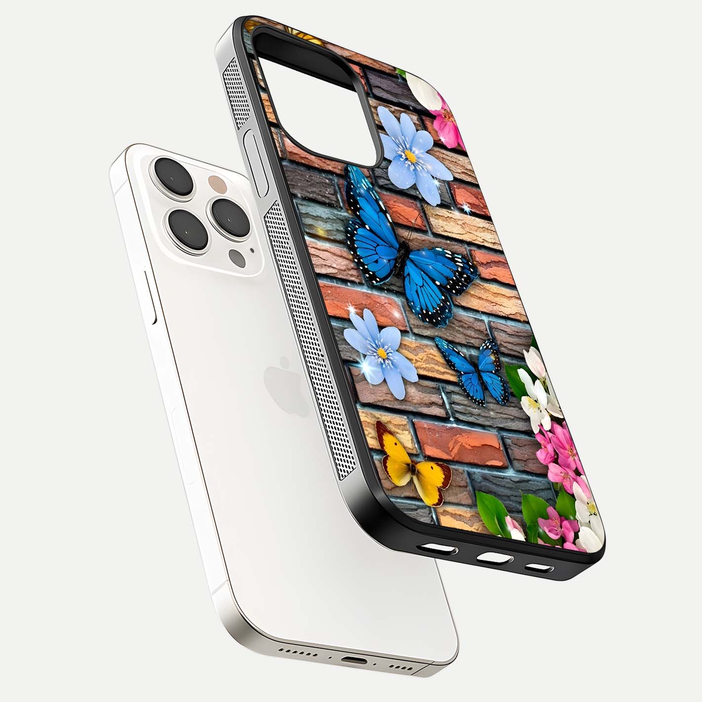 Brick Bloom Flight Glass Case for iPhone 15 Pro Max floating mockup displaying gloss reflection and pattern vibrancy