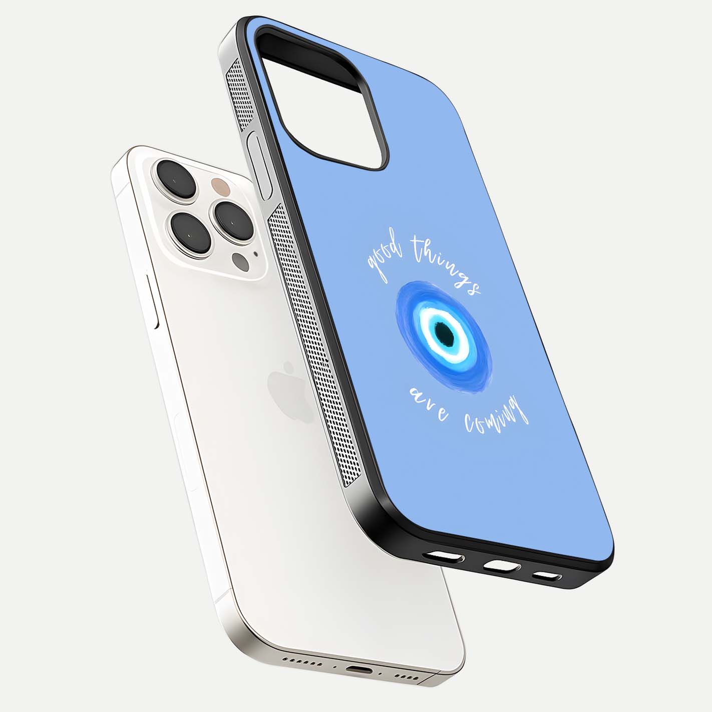 Bright Future Ahead Glass Case for iPhone 15 Pro Max floating mockup showing sleek design and positive quote print