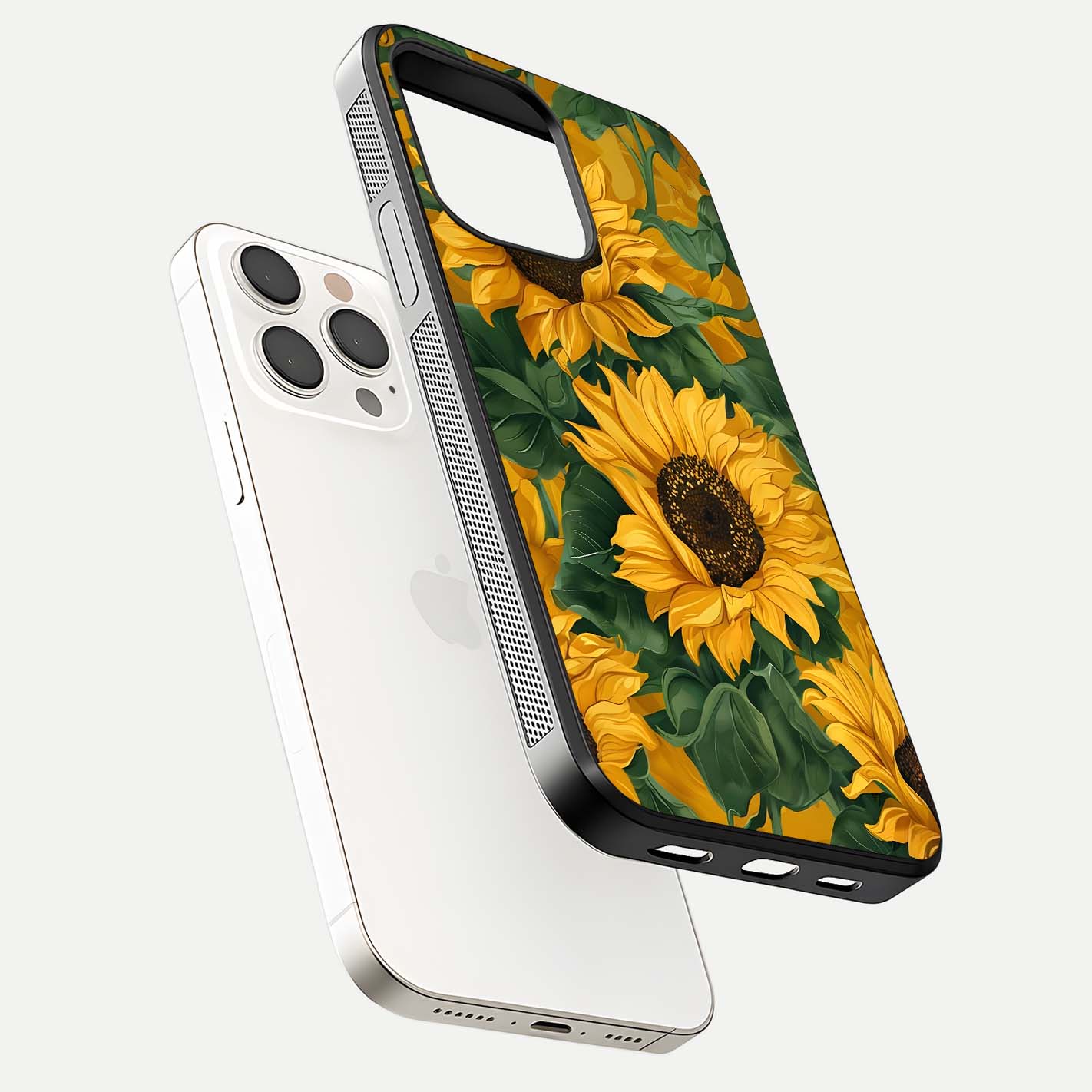 Bright Sunflower Bloom Glass Case for iPhone 15 Pro Max floating mockup capturing vibrant tones and gloss surface