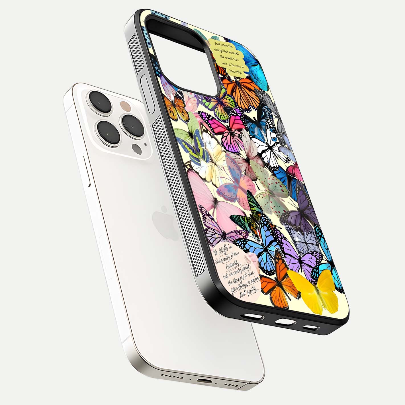 Butterflies Petal Dream Glass Case for iPhone 15 Pro Max floating mockup displaying detailed print and premium glass glow