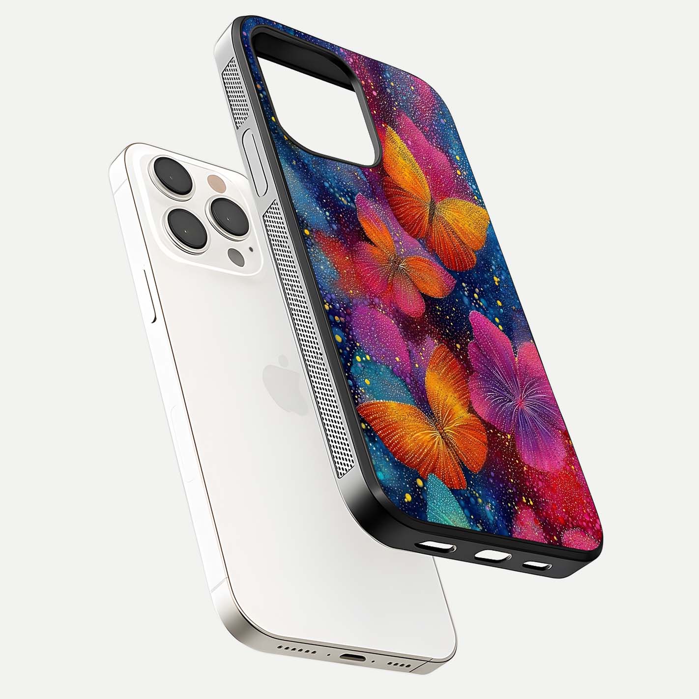 Butterfly Dream Mist Glass Case for iPhone 15 Pro Max floating mockup displaying glass shine and ethereal art depth