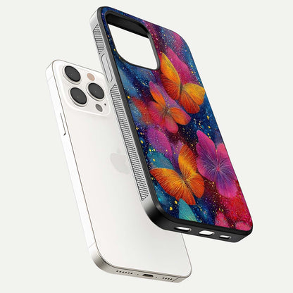 Butterfly Dream Mist Glass Case for iPhone 15 Pro Max floating mockup displaying glass shine and ethereal art depth
