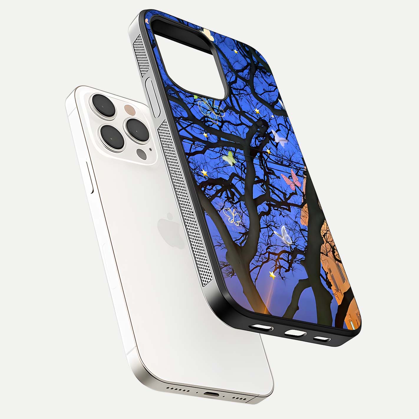Butterfly Night Magic Glass Case for iPhone 15 Pro Max floating mockup showing night glow and smooth polish