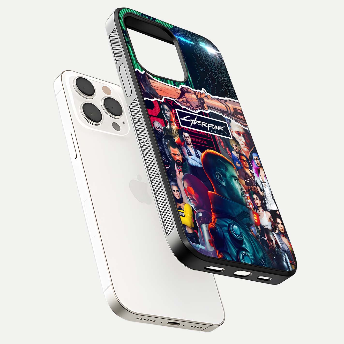 CYBERPUNK Legacy Glass Case for iPhone 15 Pro Max floating mockup showing HD gloss and neon glow detail