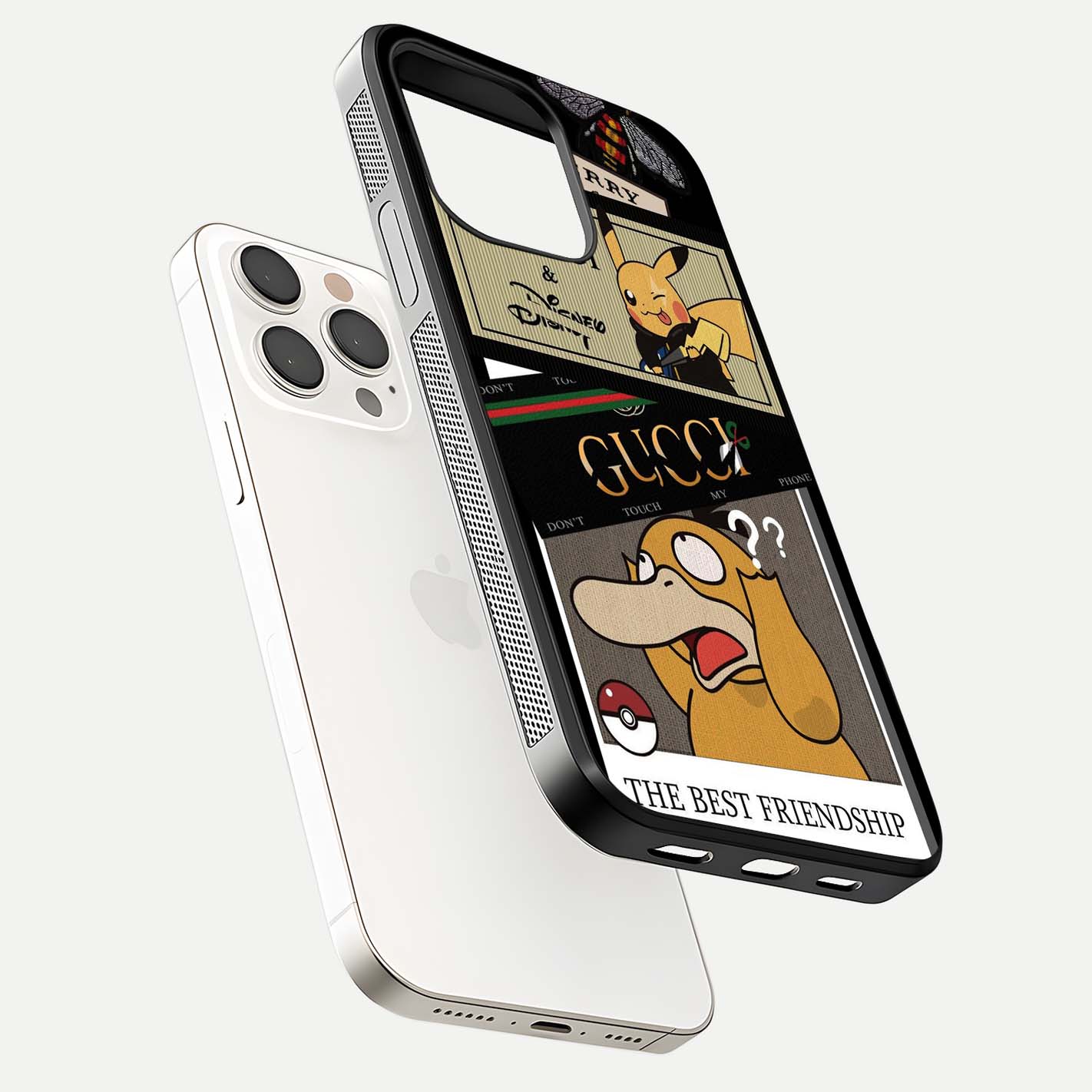 Cartoon Brand Play Mashup Glass Case for iPhone 15 Pro Max floating dual-view mockup showing gloss surface and vivid reflection