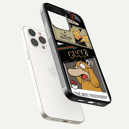 Cartoon Brand Play Mashup Glass Case for iPhone 15 Pro Max floating dual-view mockup showing gloss surface and vivid reflection