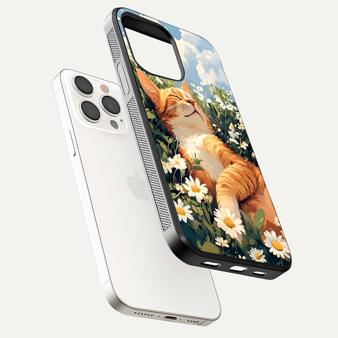 Cat & Flowers View Glass Case for iPhone 15 Pro Max floating mockup showing design reflection and protective edges