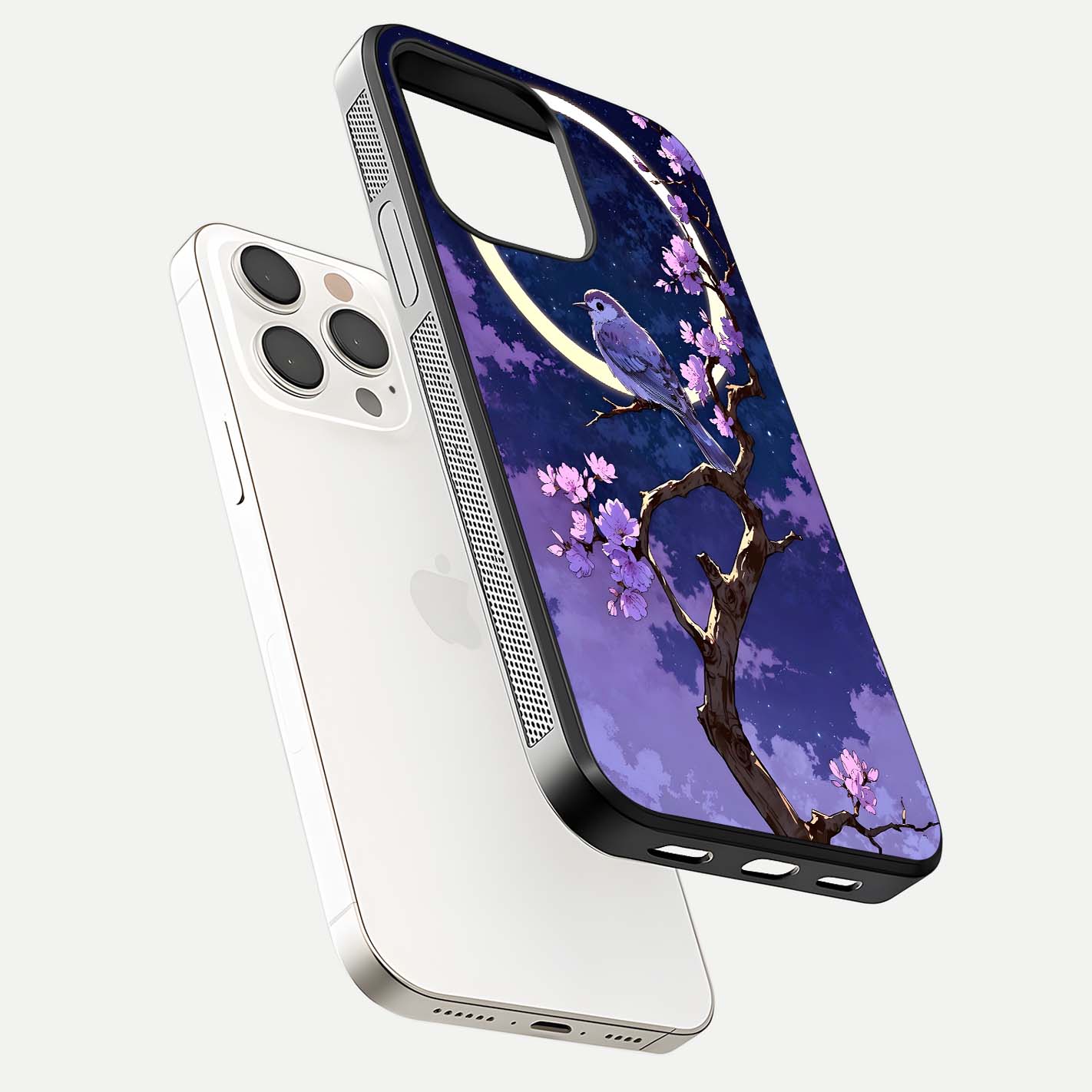 Celestial Bird Blossom Glass Case for iPhone 15 Pro Max floating mockup showing cosmic floral tones and HD gloss