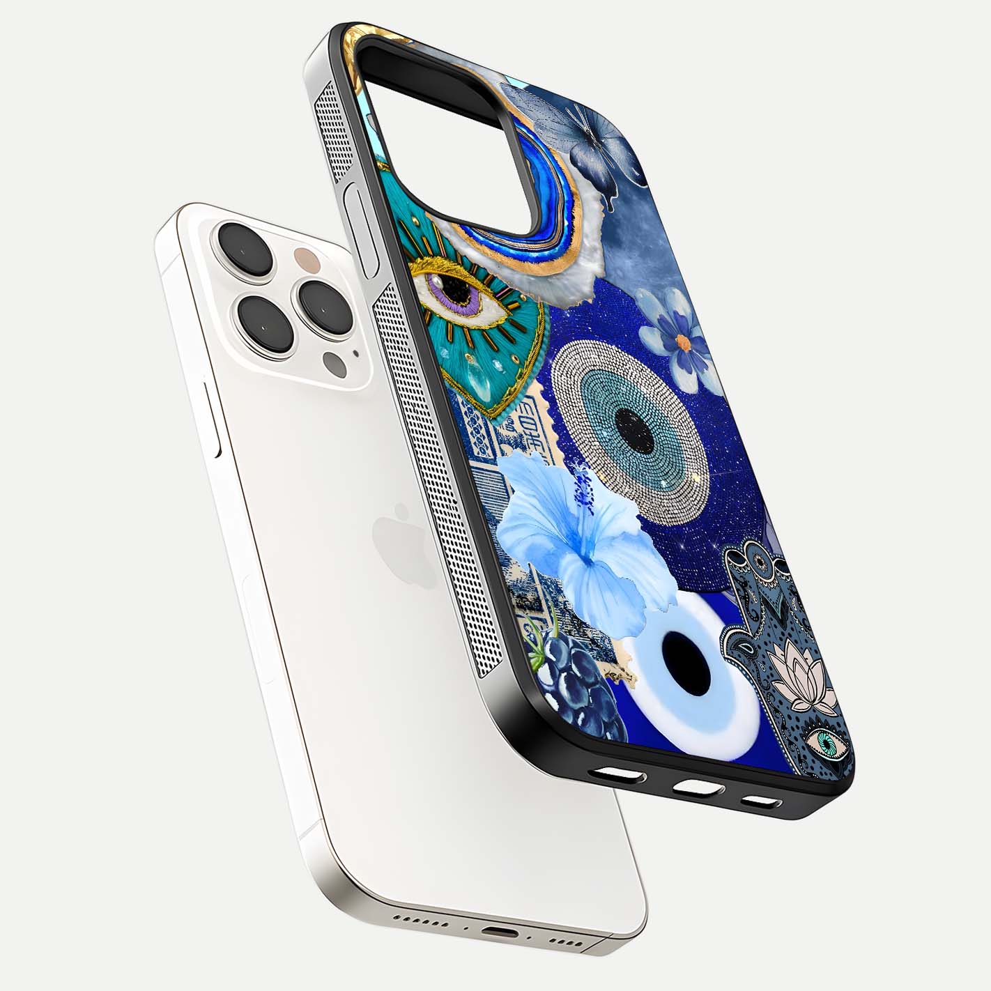 Celestial Blue Vision Glass Case for iPhone 15 Pro Max floating mockup showing gloss depth and night-sky pattern