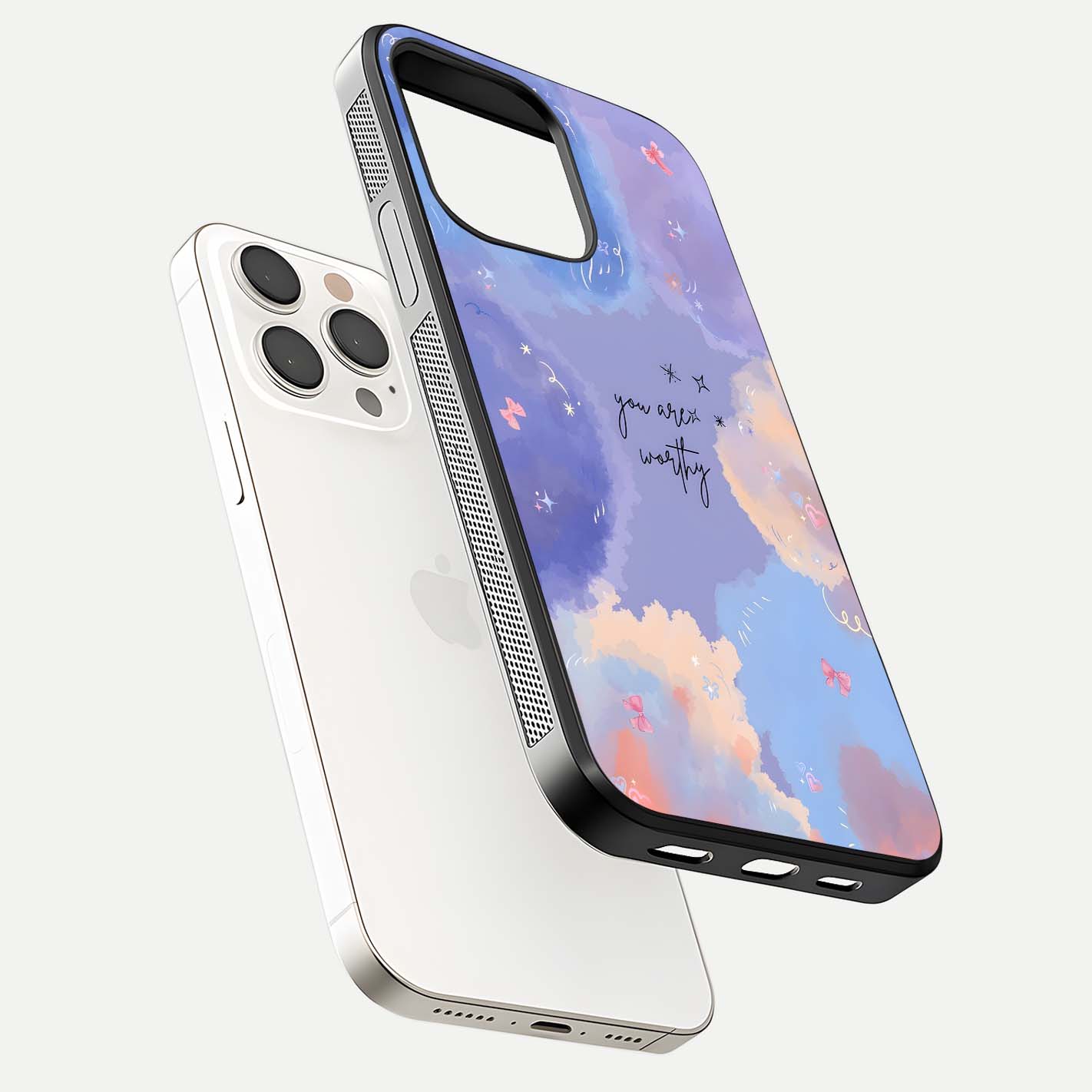 Celestial Cloud Magic Glass Case for iPhone 15 Pro Max floating mockup displaying cloud aura and HD finish