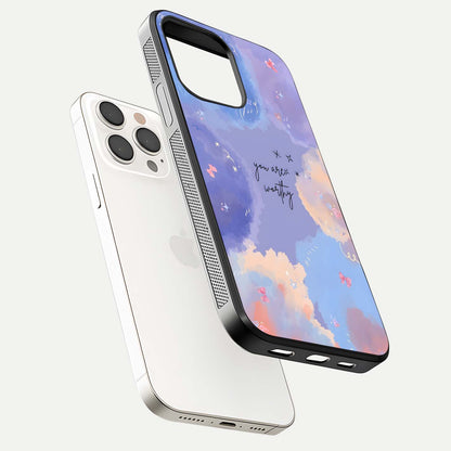 Celestial Cloud Magic Glass Case for iPhone 15 Pro Max floating mockup displaying cloud aura and HD finish