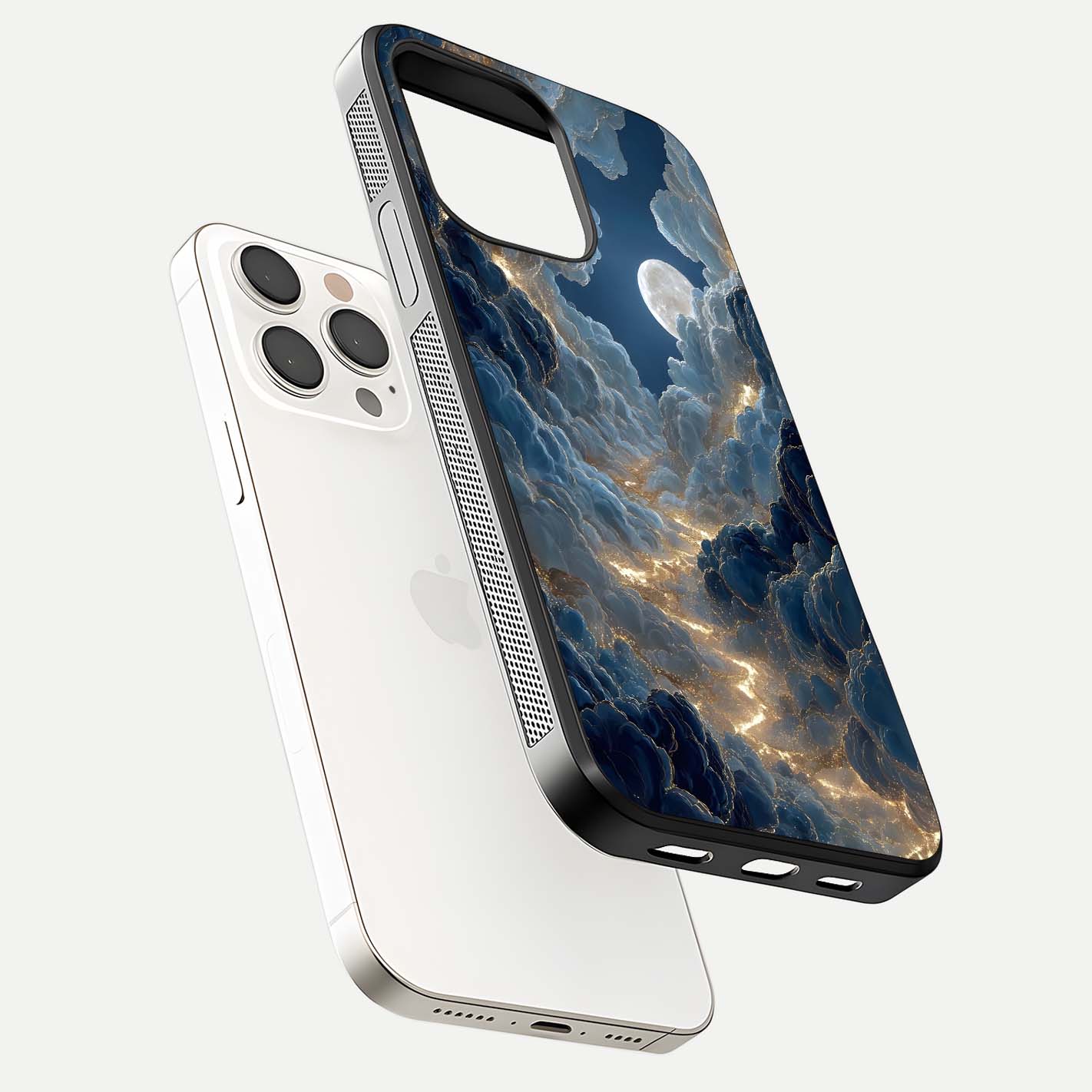 Celestial Cloud Road Glass Case for iPhone 15 Pro Max floating mockup capturing glowing horizon and HD gloss