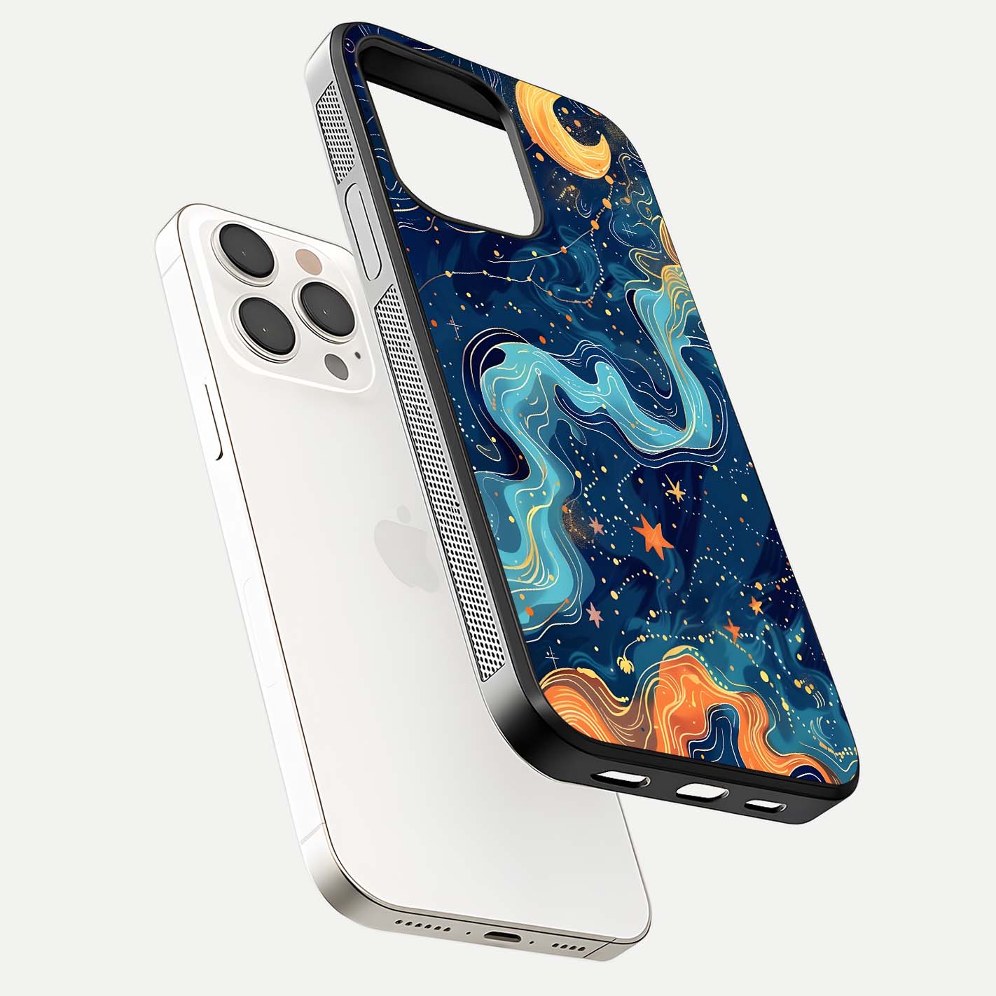 Celestial Dream Flow Glass Case for iPhone 15 Pro Max floating mockup displaying gloss shimmer and artistic composition