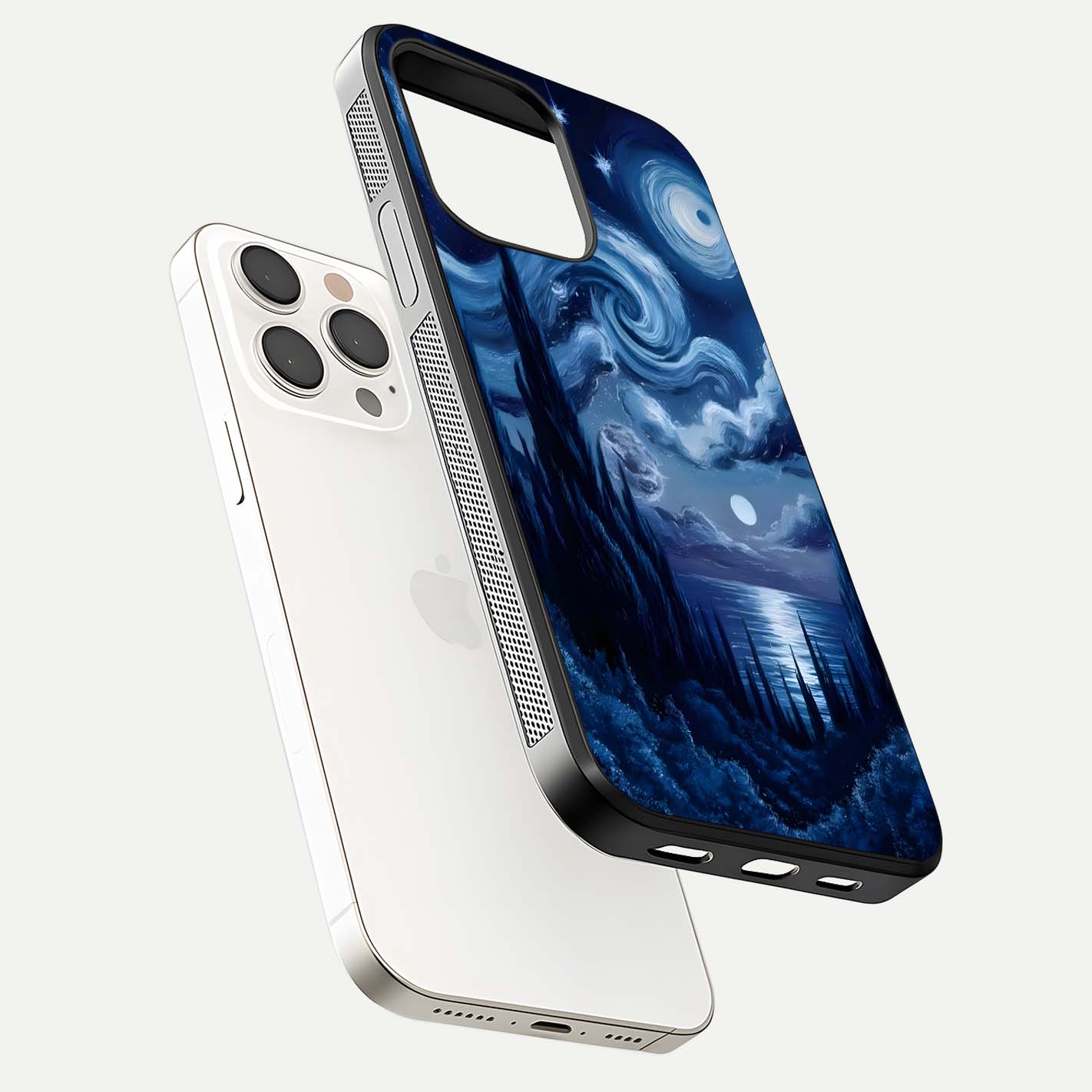 Celestial Dream Van Gogh Glass Case for iPhone 15 Pro Max floating mockup highlighting cosmic tones and smooth gloss