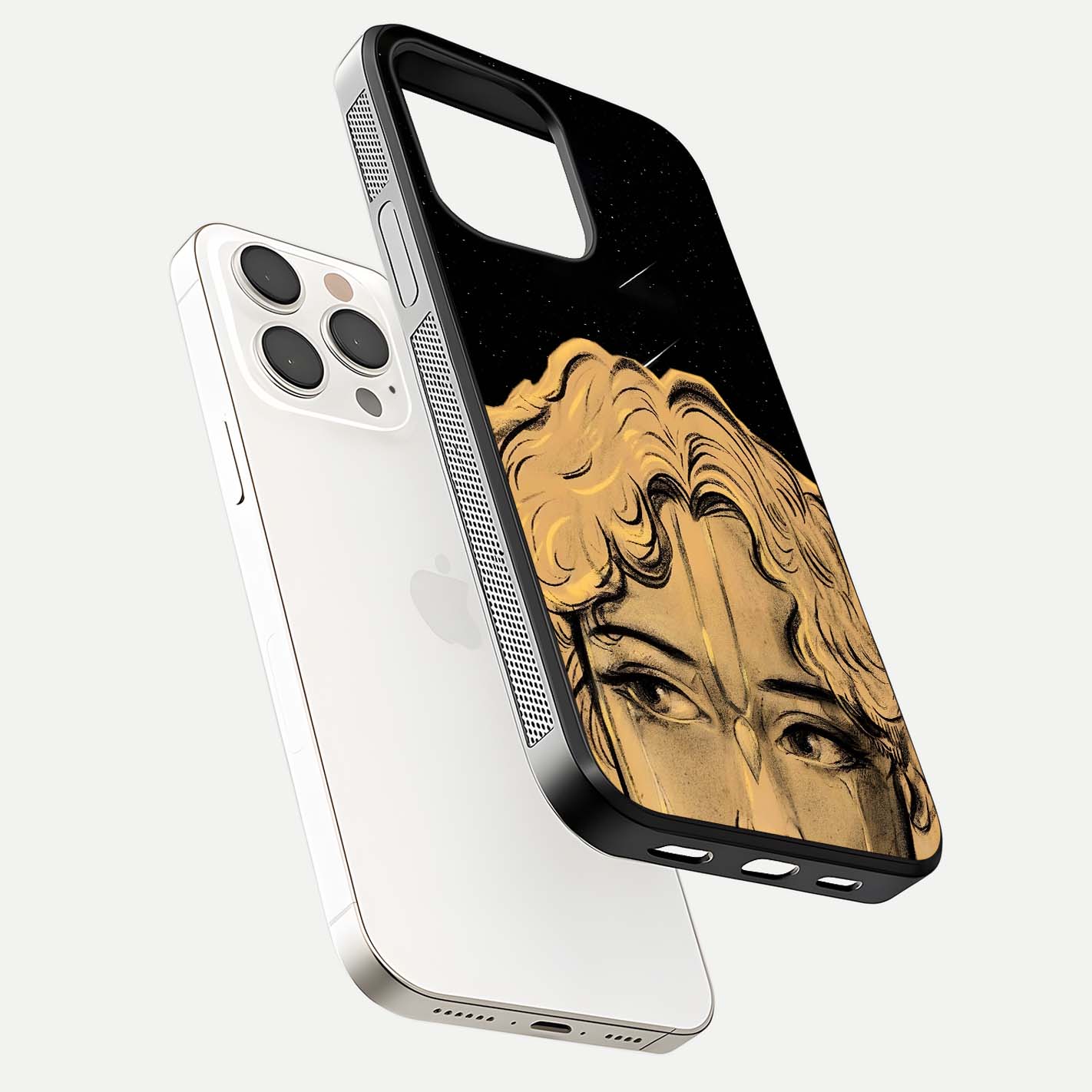 Celestial God’s Plan Glass Case for iPhone 15 Pro Max floating dual-view mockup displaying gloss surface and vivid print