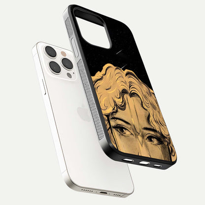 Celestial God’s Plan Glass Case for iPhone 15 Pro Max floating dual-view mockup displaying gloss surface and vivid print