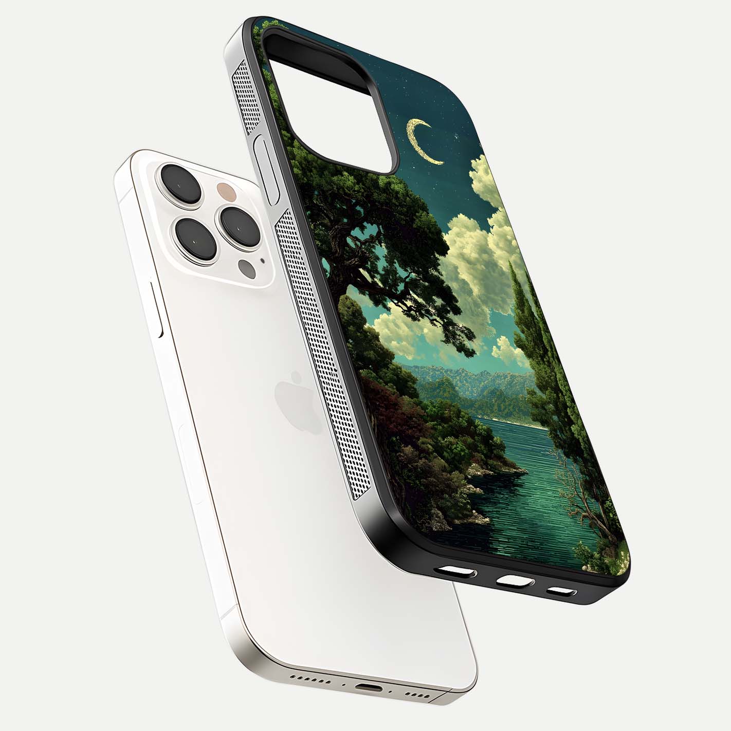Celestial Lake Peace Glass Case for iPhone 15 Pro Max floating mockup capturing calm tones and smooth polish
