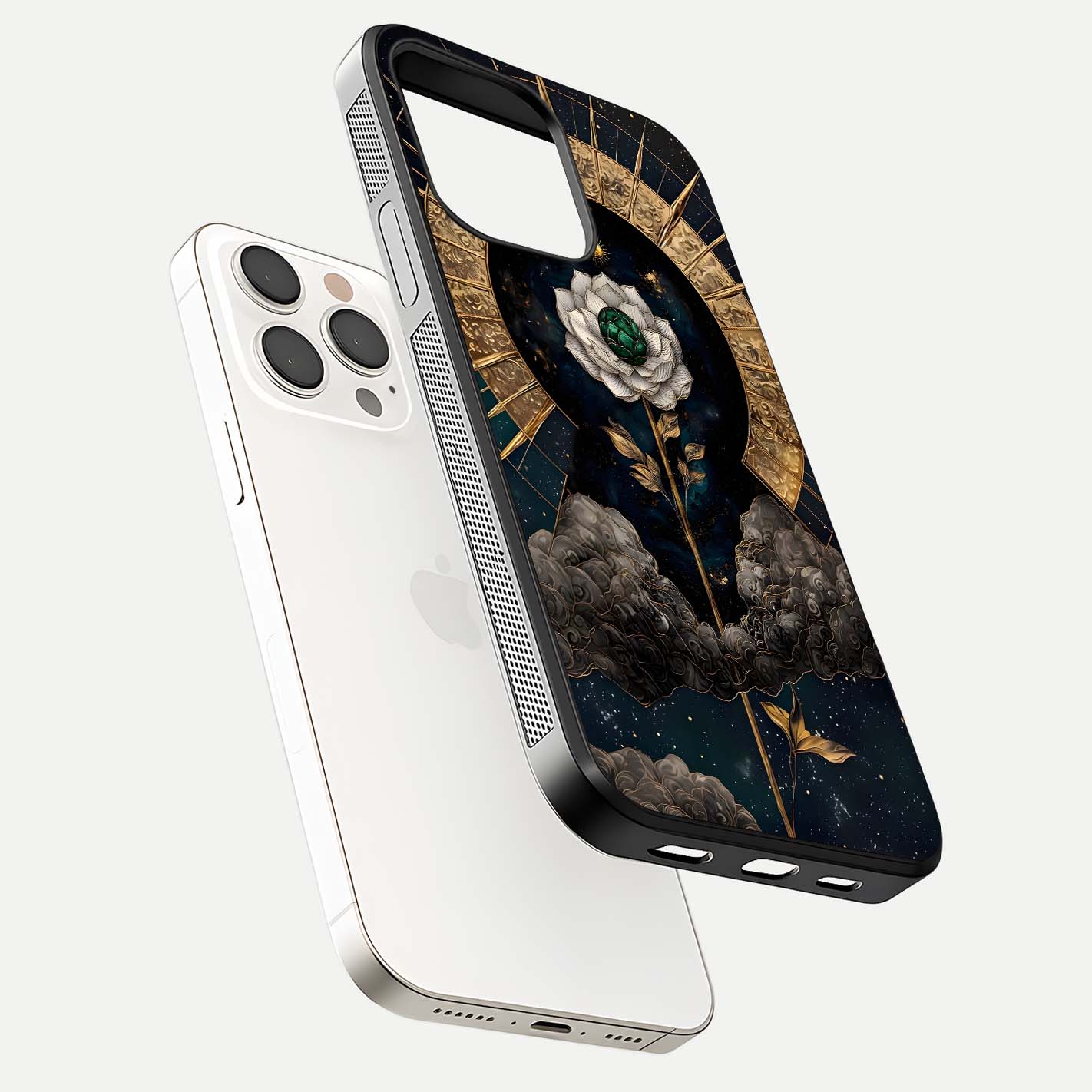 Celestial Lotus Morang Glass Case for iPhone 15 Pro Max floating mockup showing gloss depth and cosmic lotus glow