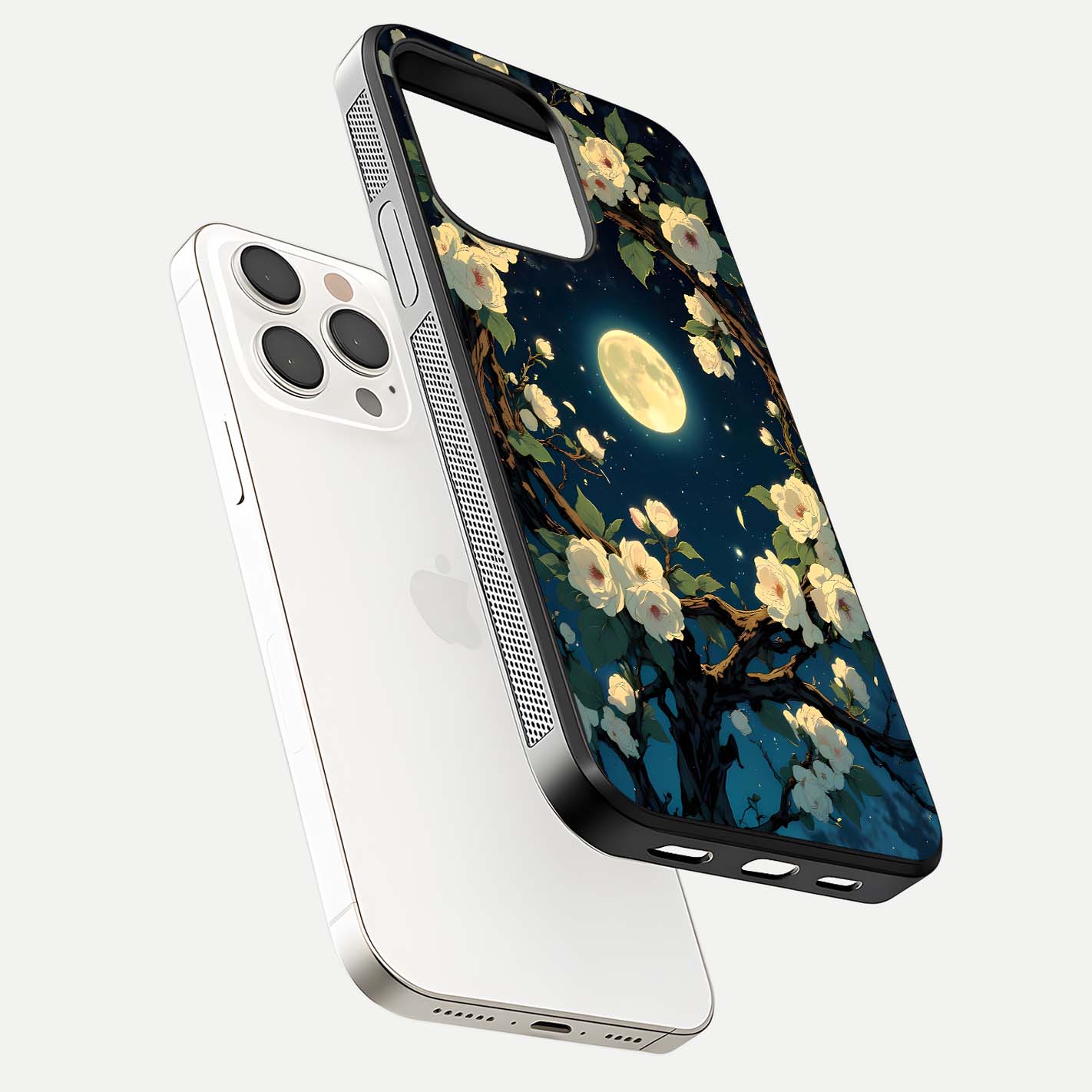 Celestial Moon & Flower Glass Case for iPhone 15 Pro Max floating mockup emphasizing HD shine and delicate texture