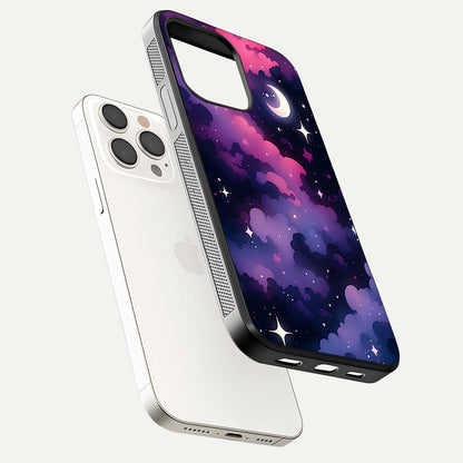 Celestial Moon Magic Glass Case for iPhone 15 Pro Max floating mockup showing reflection gradient and smooth polish