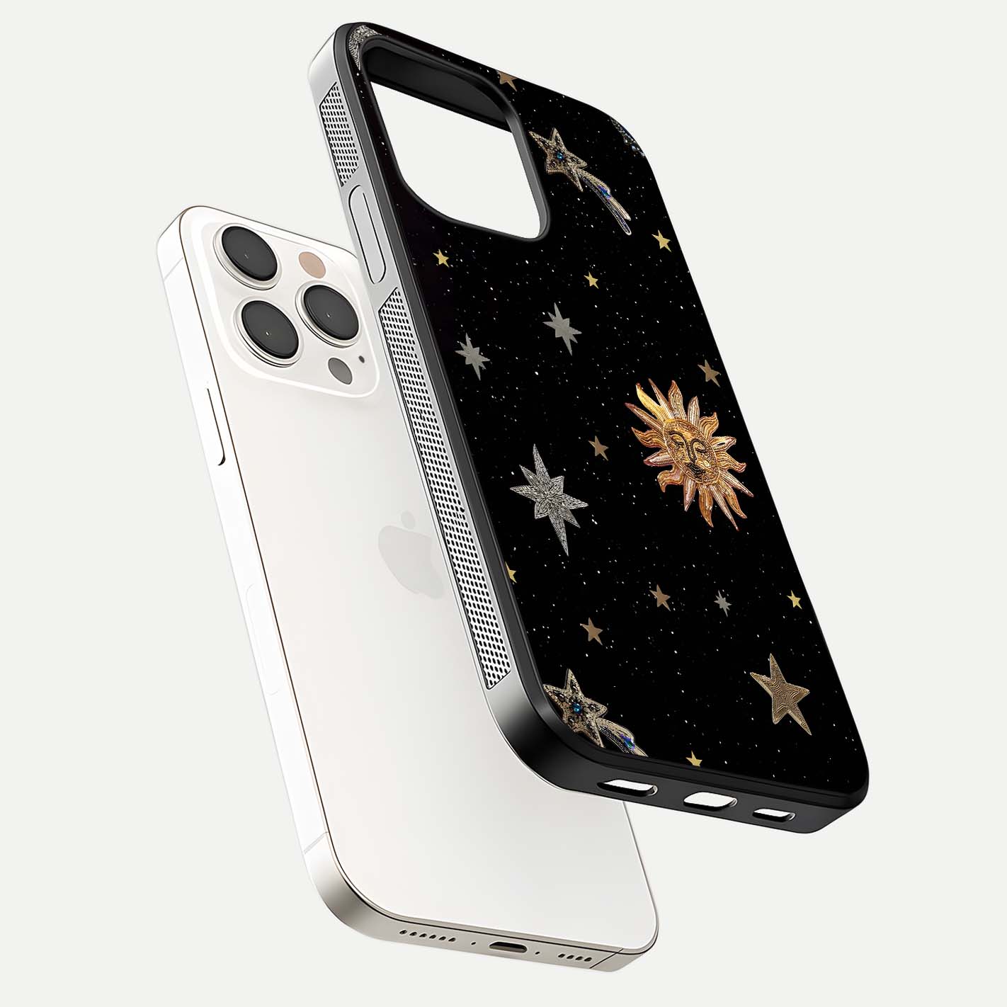 Celestial Moon With Stars Glass Case for iPhone 15 Pro Max floating mockup emphasizing star depth and gloss clarity