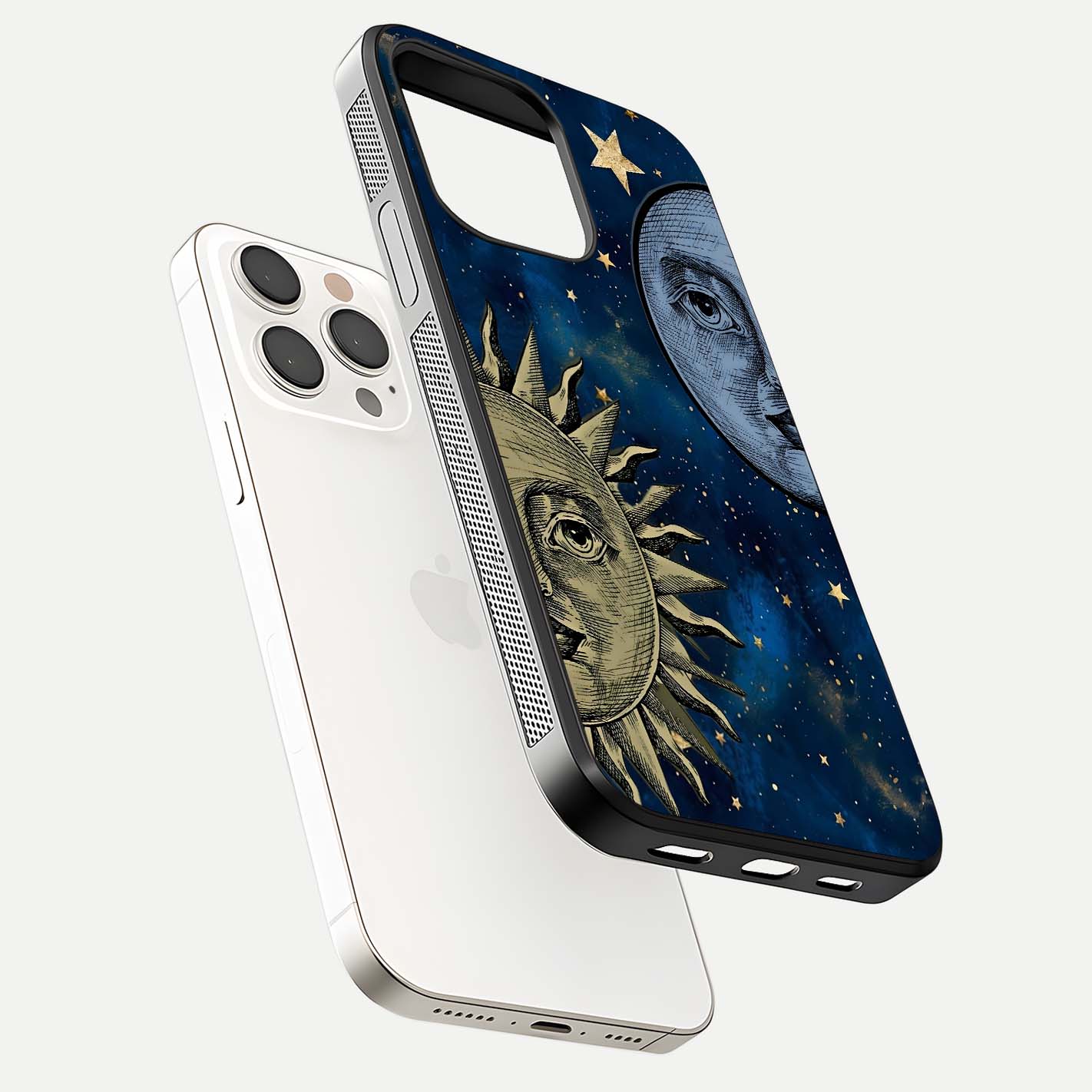 Celestial Moon With Sun Glass Case for iPhone 15 Pro Max floating mockup displaying vibrant contrast and HD gloss