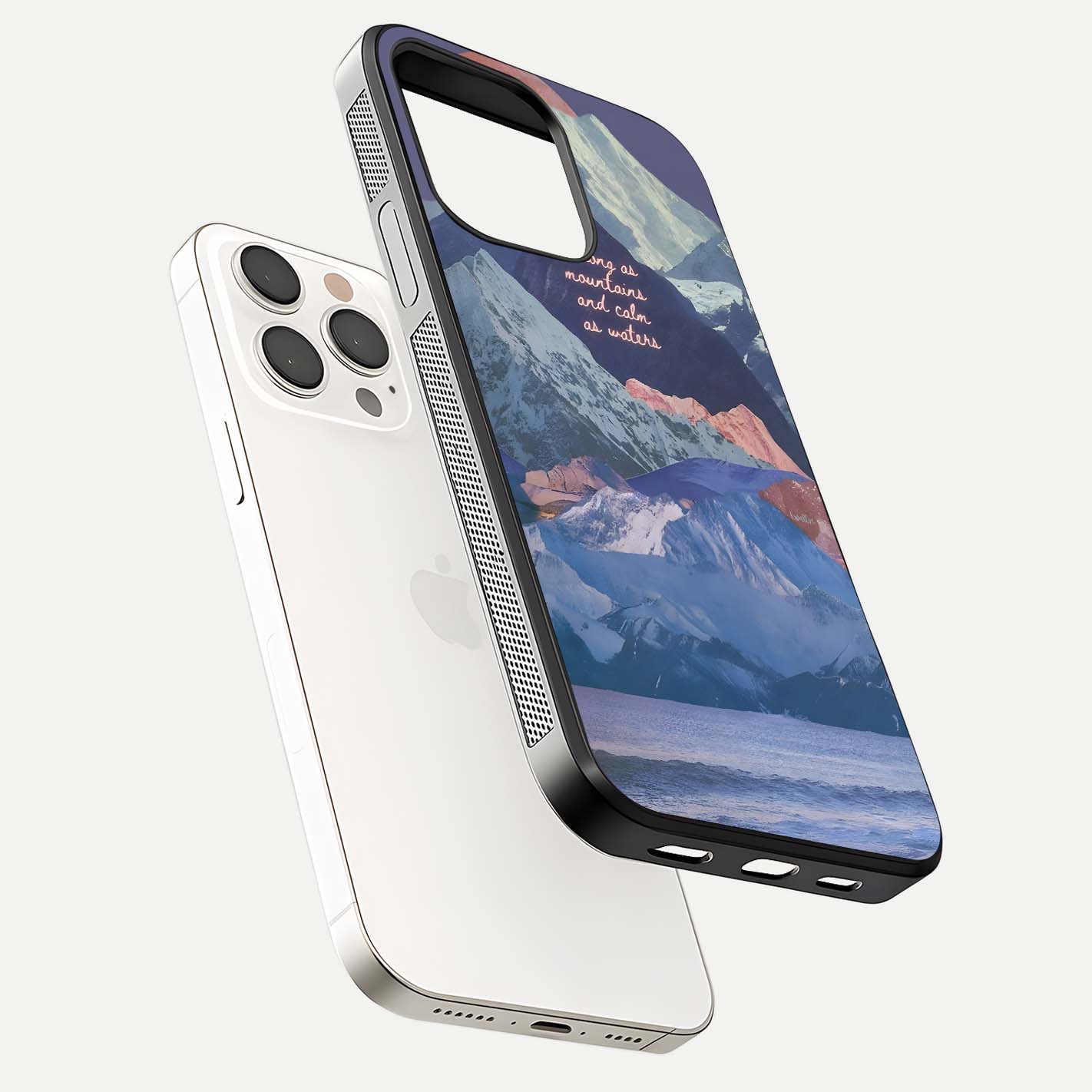 Celestial Mountain Calm Glass Case for iPhone 15 Pro Max floating mockup showing glow depth and polished edges
